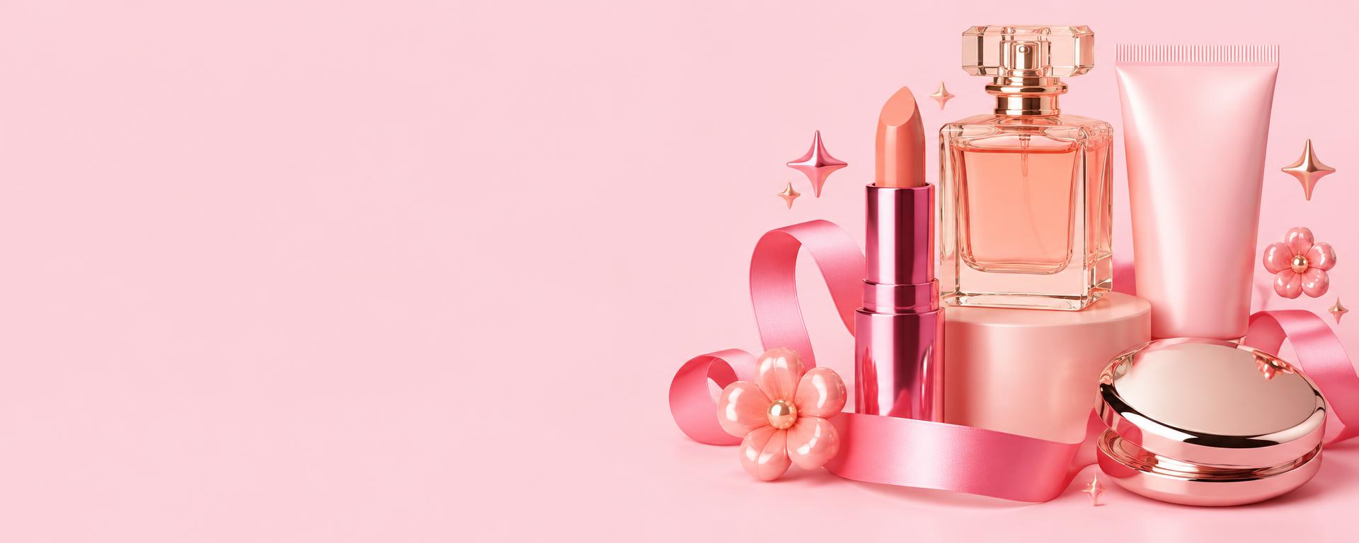 Arte de campanha DC Brand com cosméticos e flores em rosa